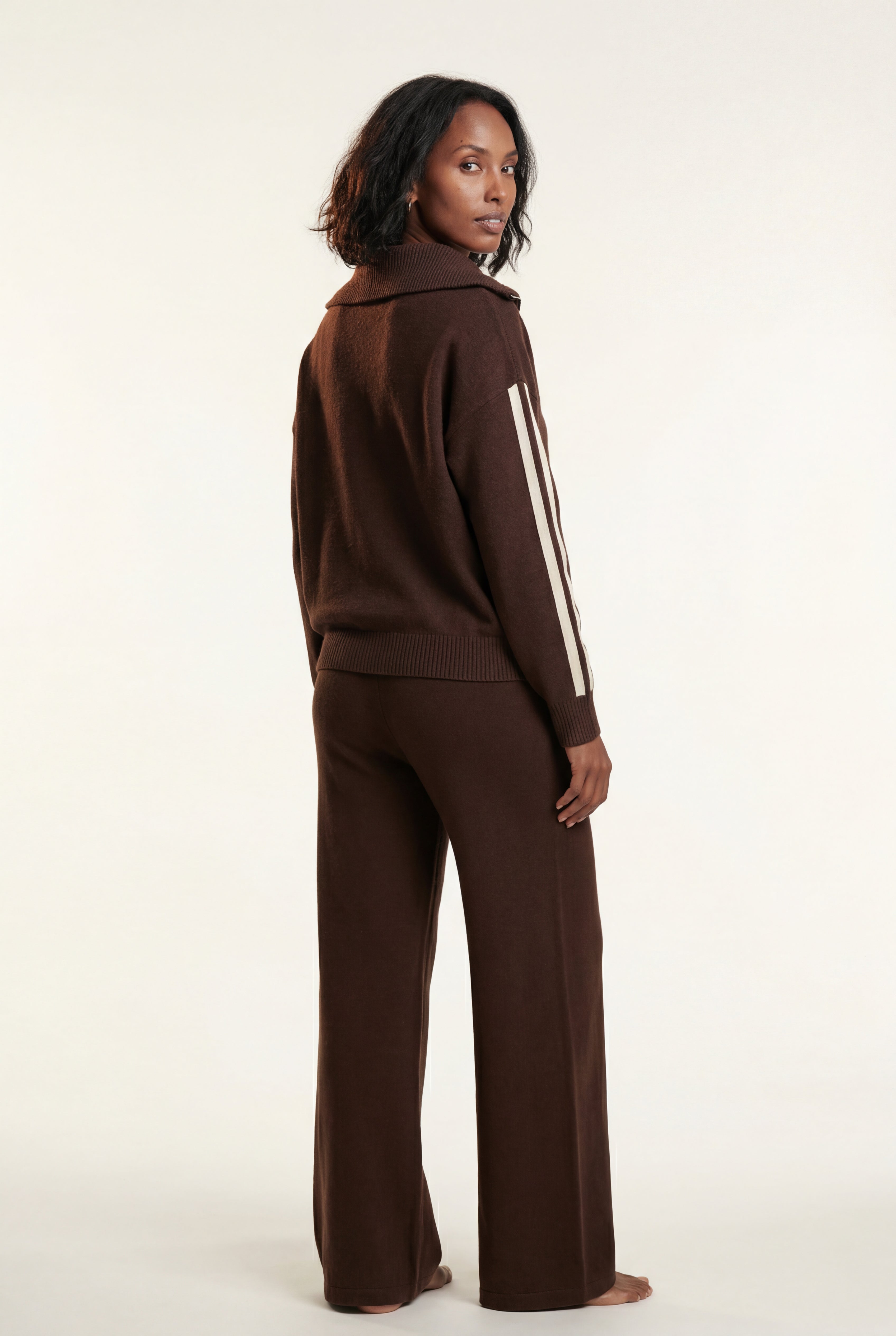 Lisa | Chocolate Brown Zip-collar Stripe Two Piece Loungewear Set