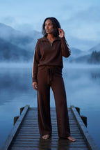 Lisa | Chocolate Brown Zip-collar Stripe Two Piece Loungewear Set
