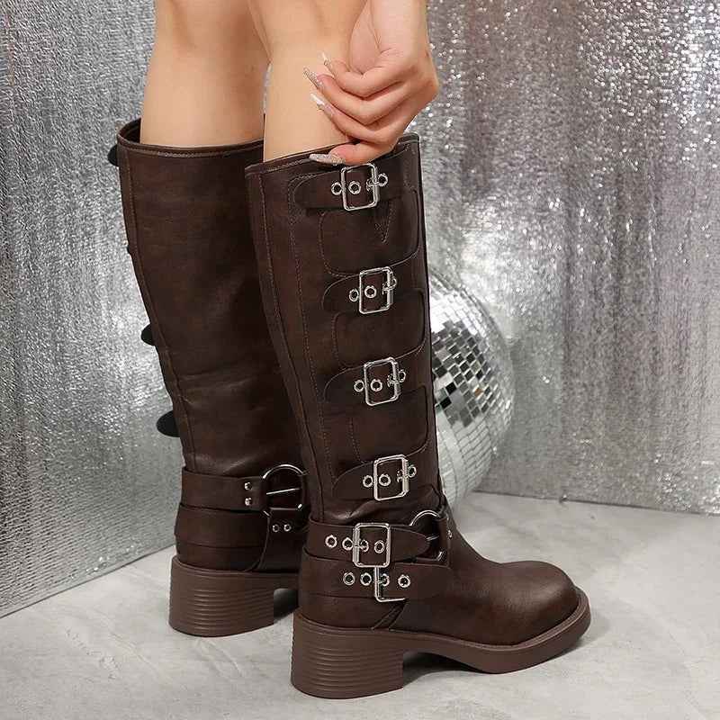 Lia | Multiple Buckle Strap Tall Biker Boots