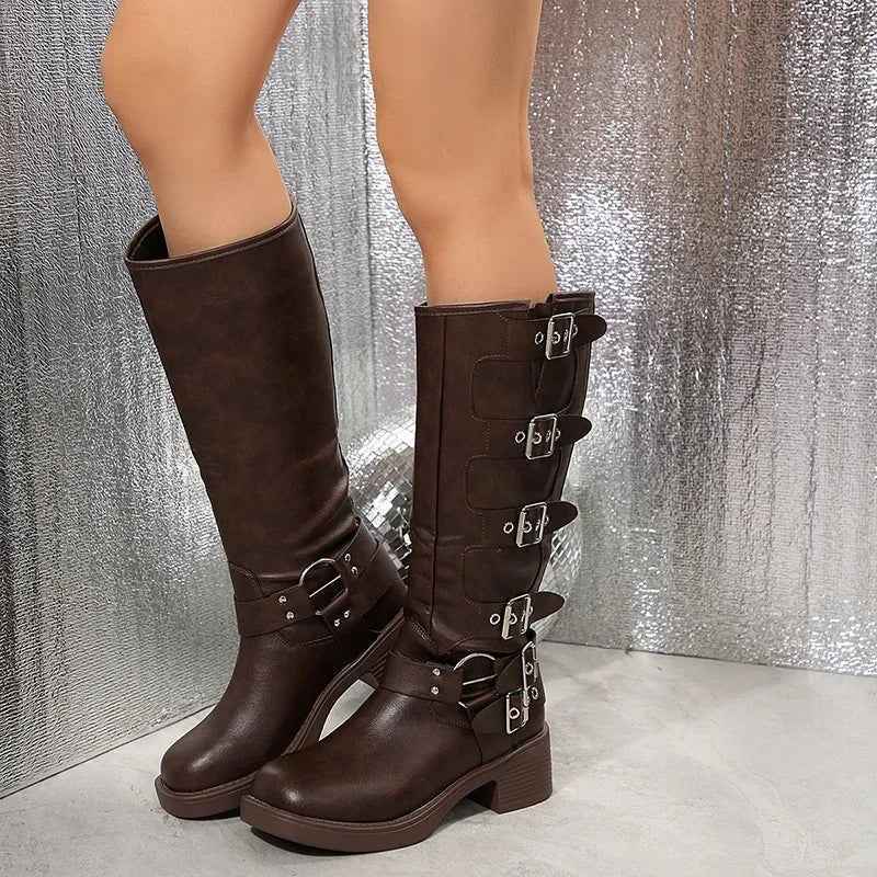 Lia | Multiple Buckle Strap Tall Biker Boots