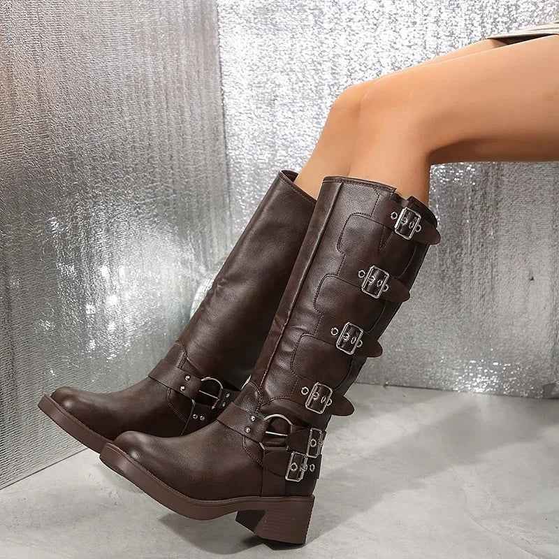 Lia | Multiple Buckle Strap Tall Biker Boots