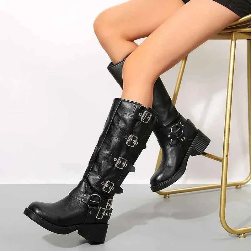 Lia | Multiple Buckle Strap Tall Biker Boots