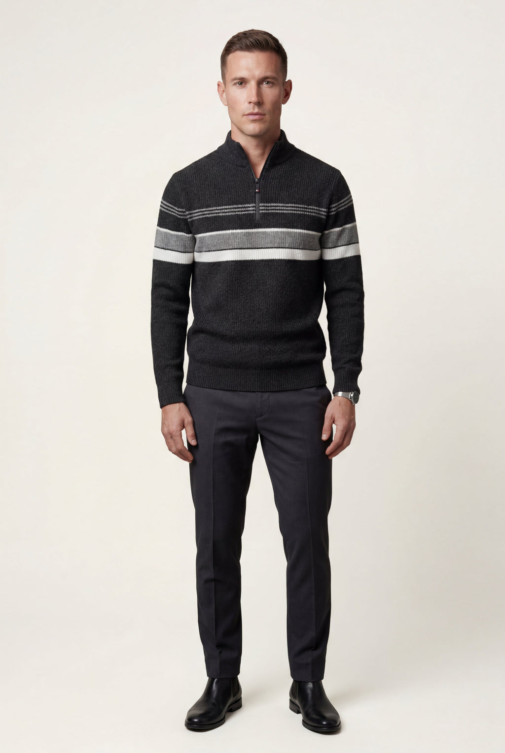Half Zip Stand Collar Striped Sweater | James