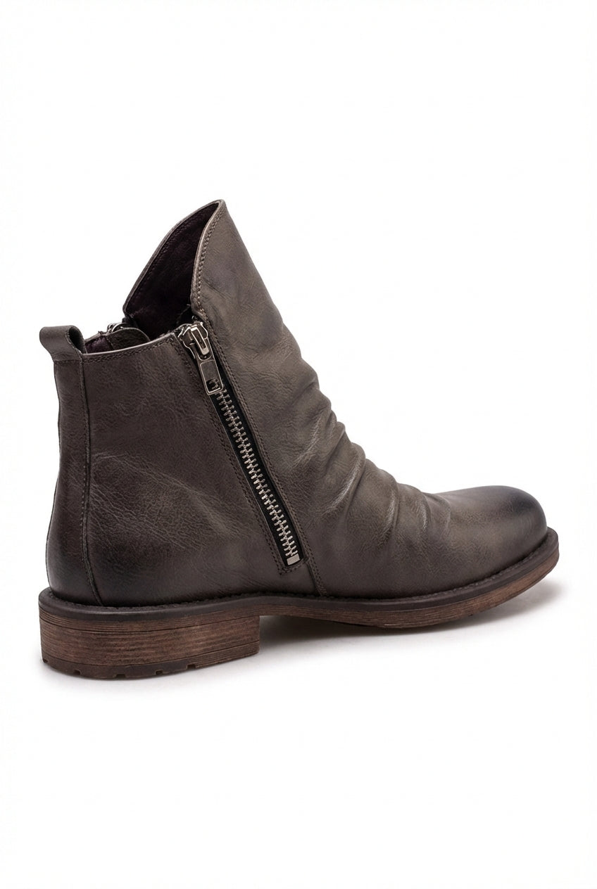 Kian | Ruched Zip Ankle Boots with Almond Toe and Stacked Heel