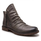 Kian | Ruched Zip Ankle Boots with Almond Toe and Stacked Heel