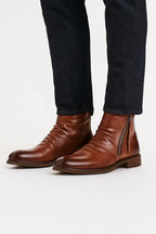 Kian | Ruched Zip Ankle Boots with Almond Toe and Stacked Heel