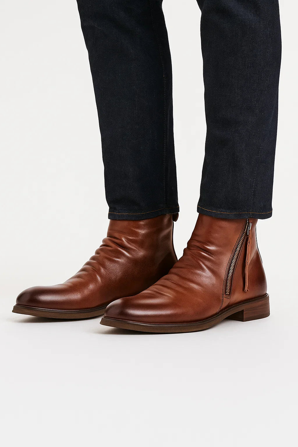 Kian | Ruched Zip Ankle Boots with Almond Toe and Stacked Heel
