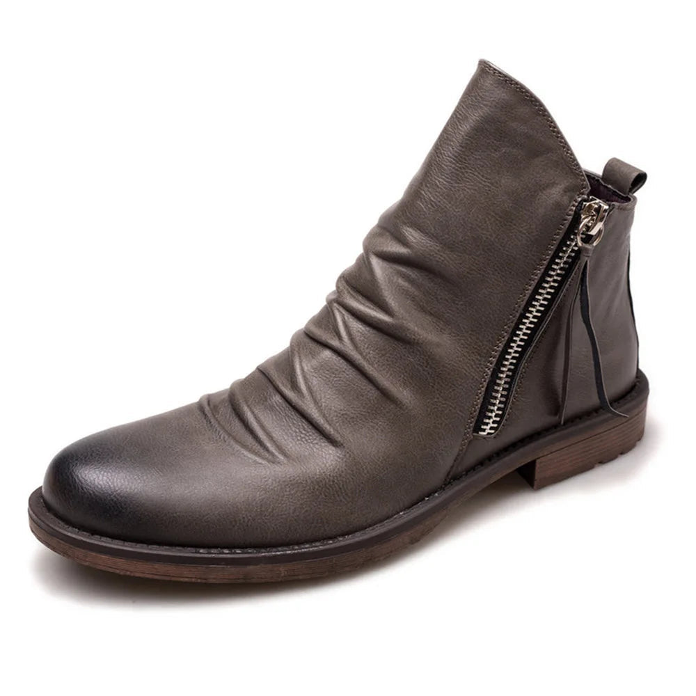 Kian | Ruched Zip Ankle Boots with Almond Toe and Stacked Heel