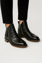 Kian | Ruched Zip Ankle Boots with Almond Toe and Stacked Heel