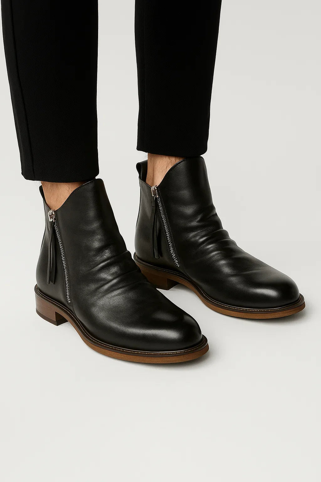 Kian | Ruched Zip Ankle Boots with Almond Toe and Stacked Heel
