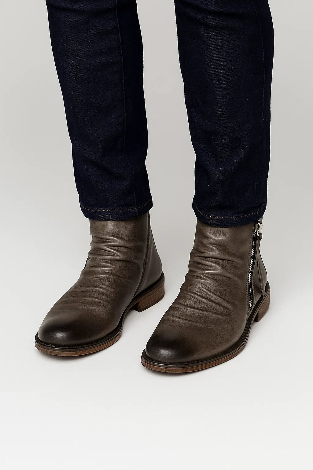 Kian | Ruched Zip Ankle Boots with Almond Toe and Stacked Heel