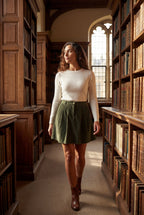 Alissa | High Waisted Olive Green A-line Mini Skirt For Women