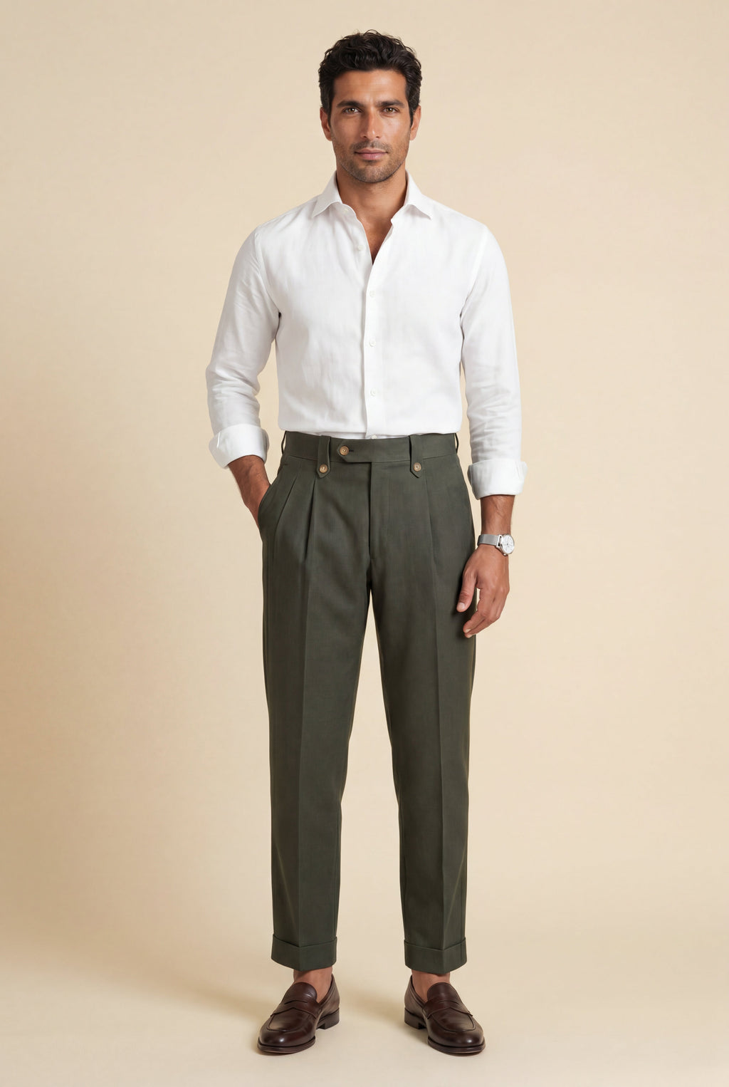 Gio: Men's High-Waisted Pleated Tailored Trousers Deep Olive