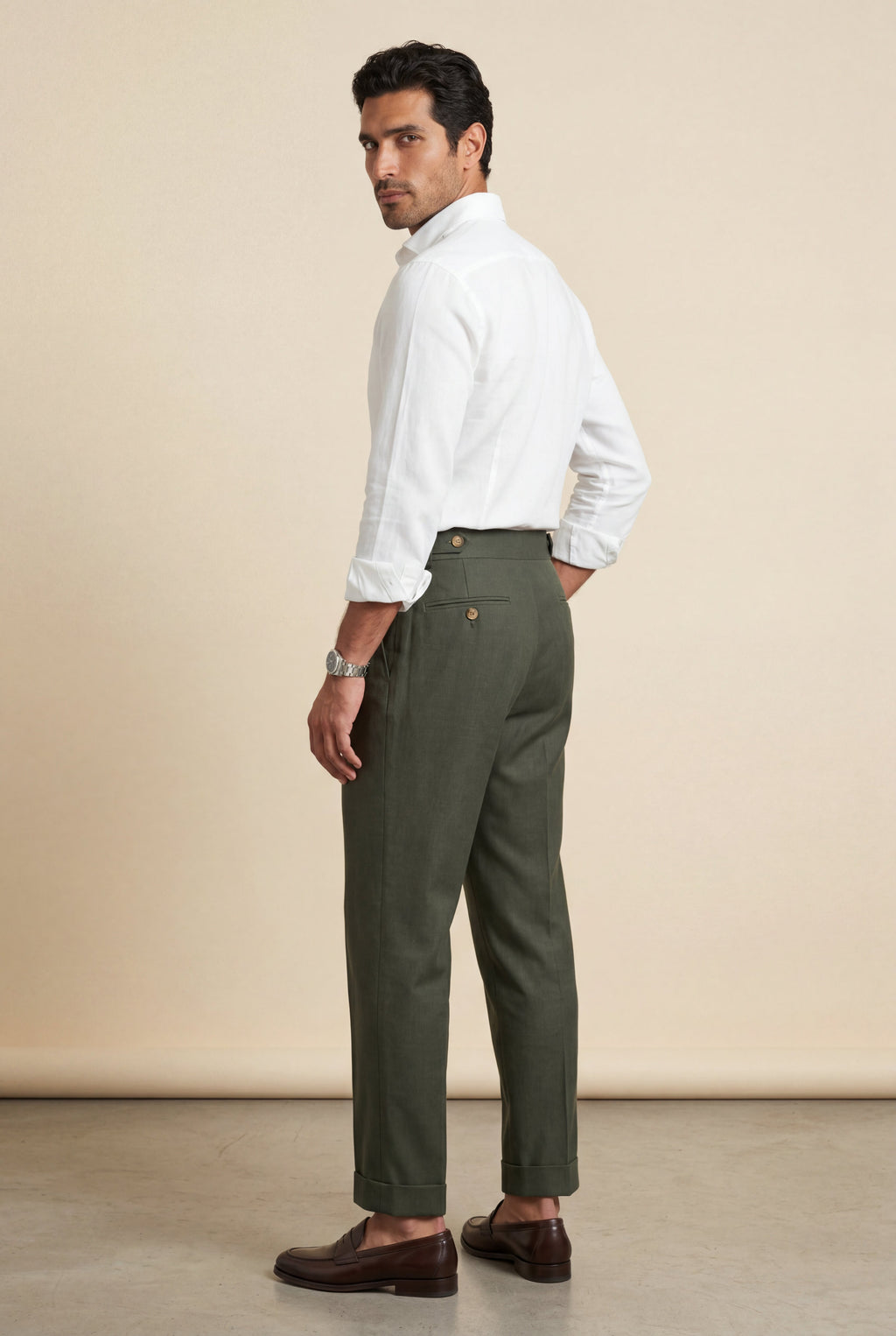 Gio: Men's High-Waisted Pleated Tailored Trousers Deep Olive