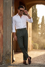 Gio: Men's High-Waisted Pleated Tailored Trousers Deep Olive