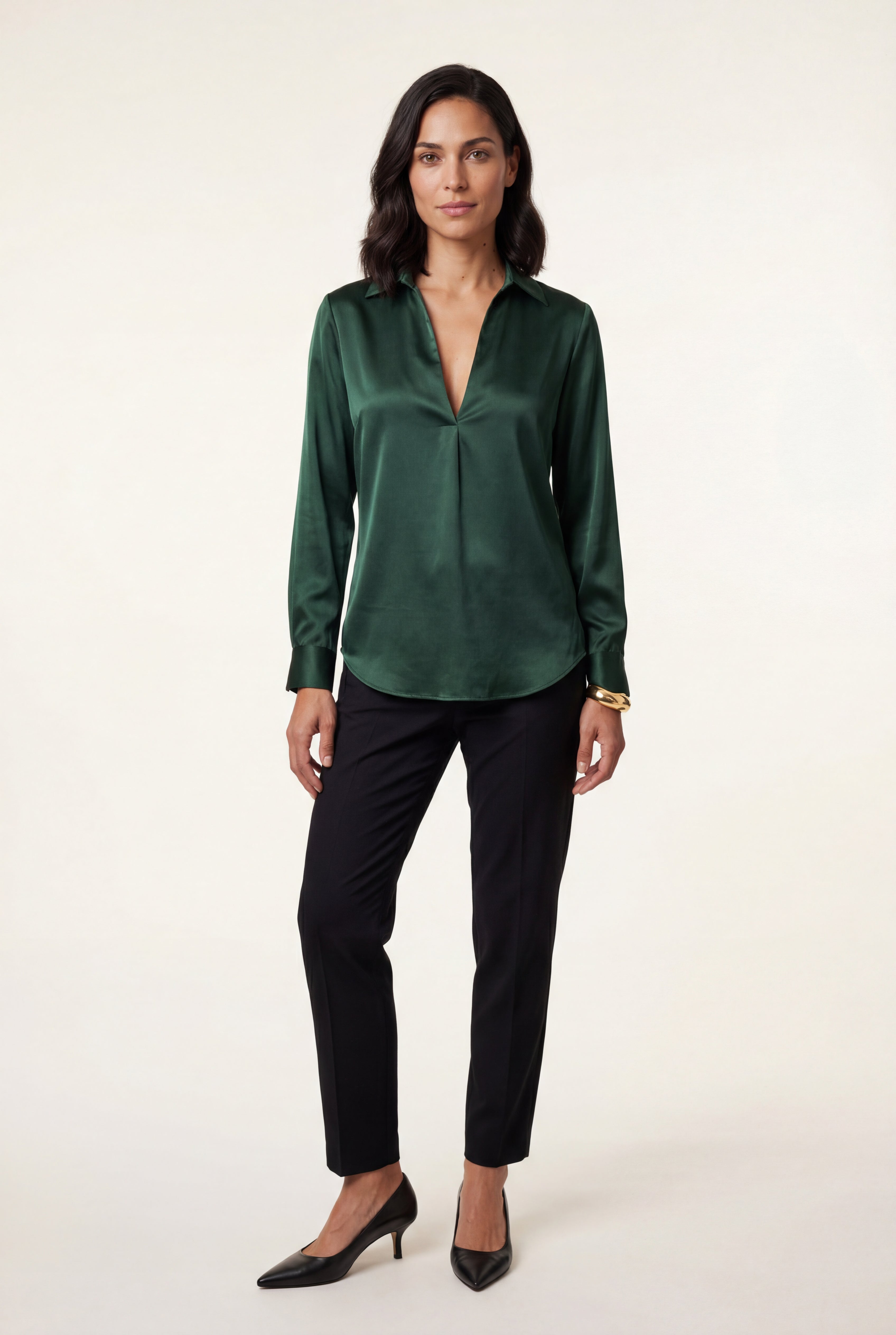 Elcevi | V-neck Relaxed-fit Blouse with Curved Hem For Women