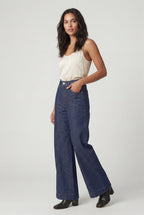 Lia | Contrast Stitching Indigo Blue High-waisted Wide-leg Jeans