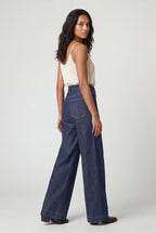 Lia | Contrast Stitching Indigo Blue High-waisted Wide-leg Jeans