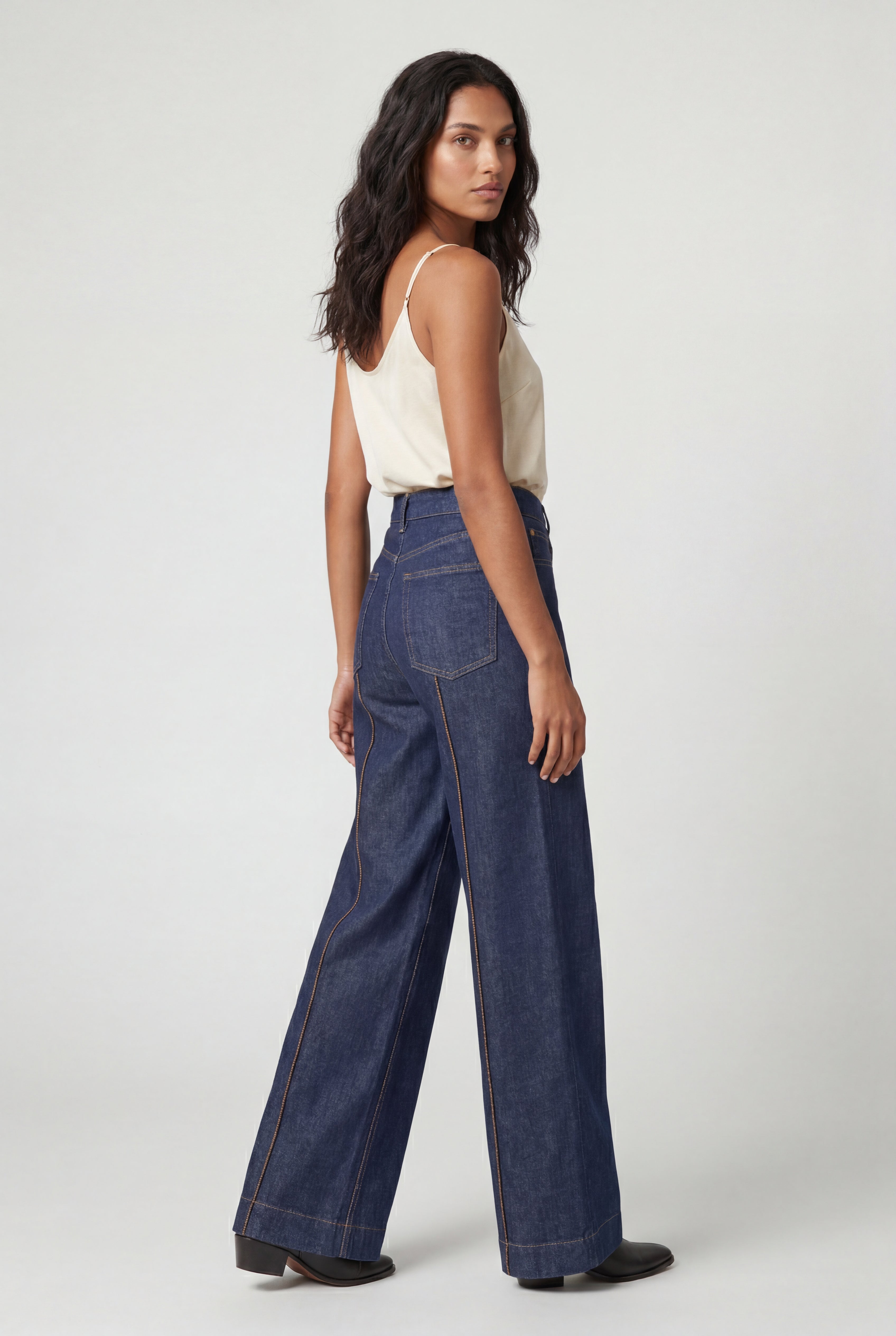 Lia | Contrast Stitching Indigo Blue High-waisted Wide-leg Jeans