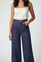 Lia | Contrast Stitching Indigo Blue High-waisted Wide-leg Jeans