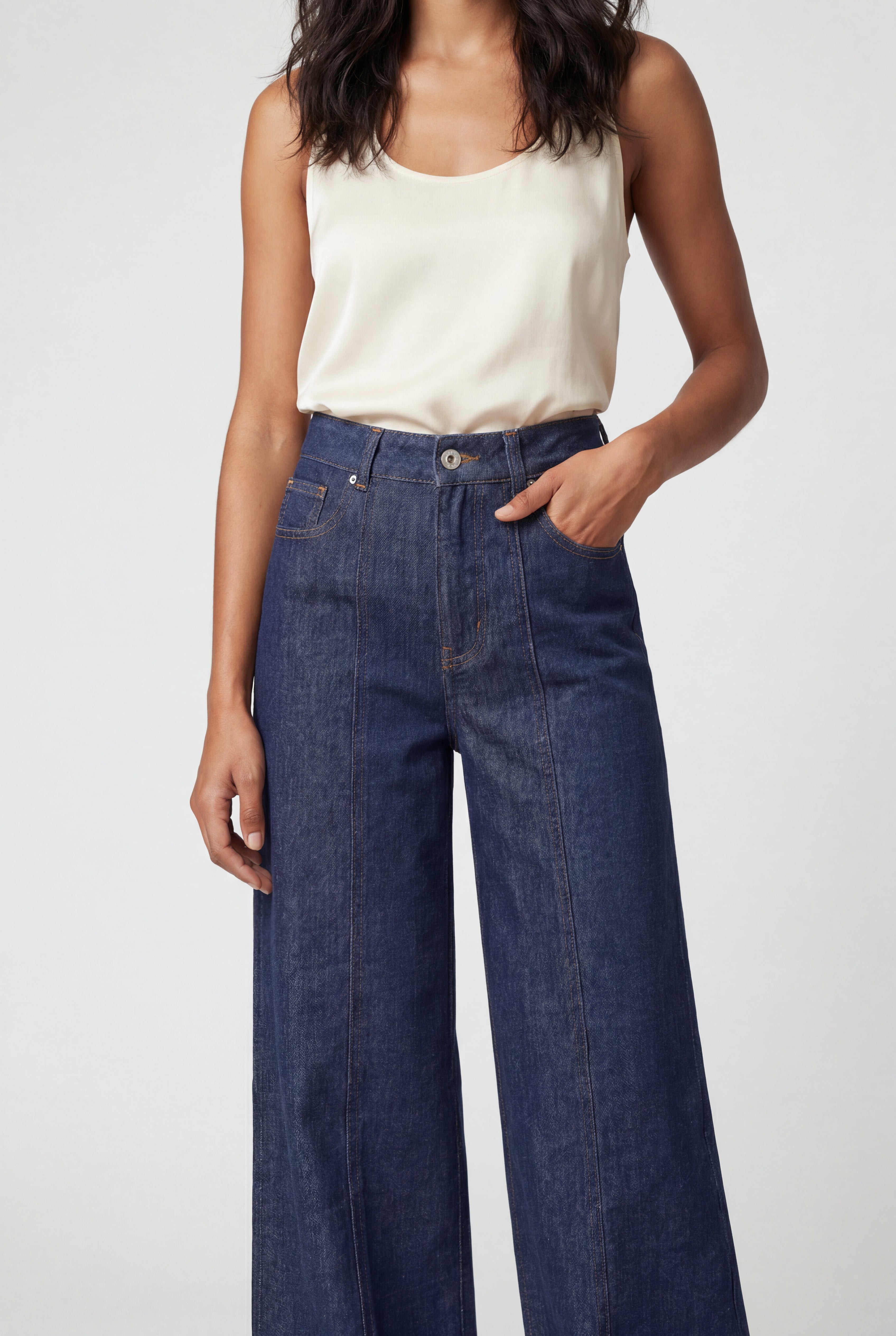 Lia | Contrast Stitching Indigo Blue High-waisted Wide-leg Jeans