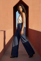 Lia | Contrast Stitching Indigo Blue High-waisted Wide-leg Jeans