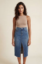 Alessia | High-waisted Raw Hem Front-slit Midi Skirt For Women