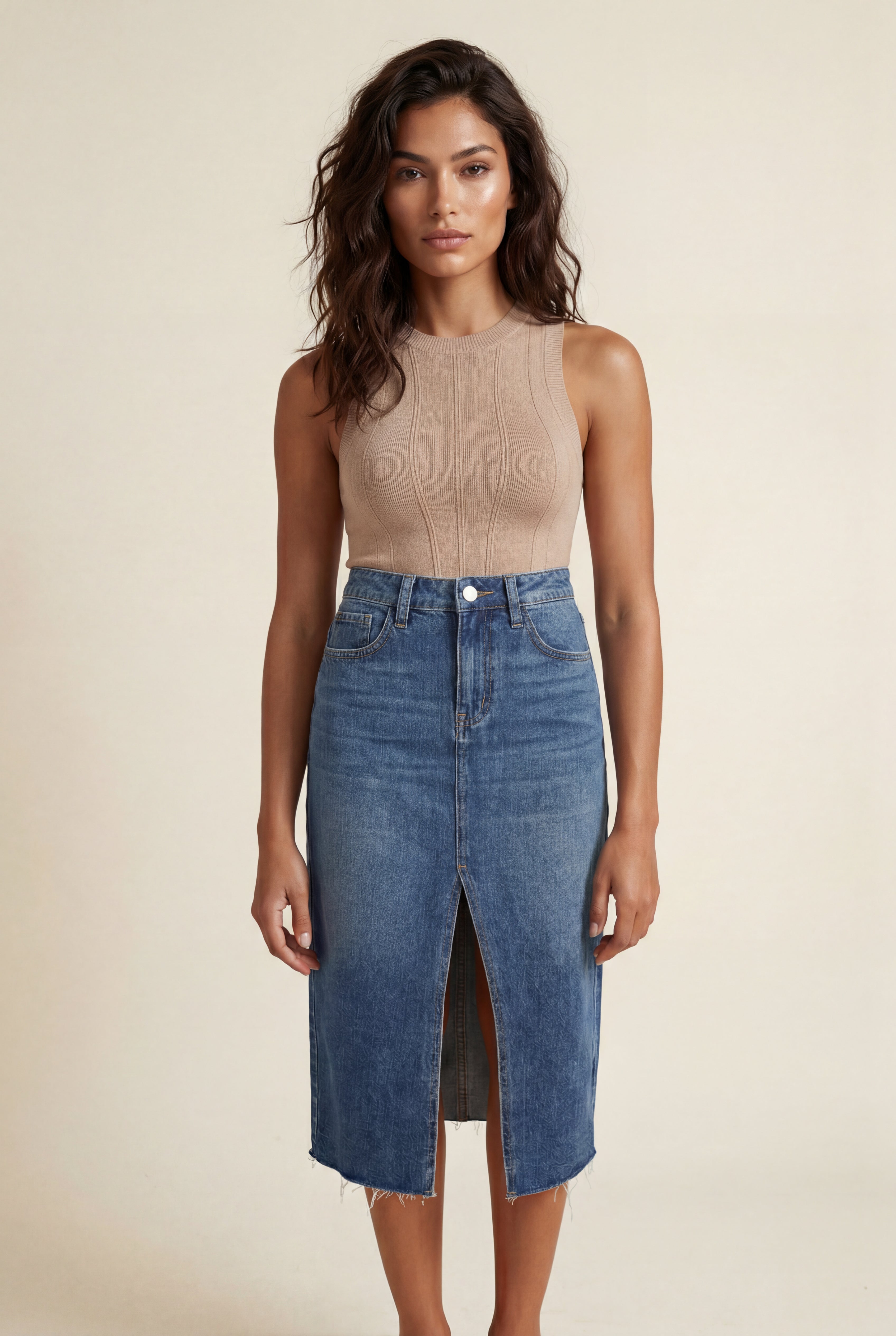 Alessia | High-waisted Raw Hem Front-slit Midi Skirt For Women