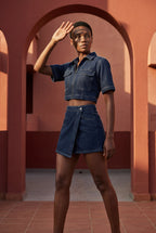 Indigo Blue Crop Top and Asymmetrical Mini Skirt Set | Elcevi