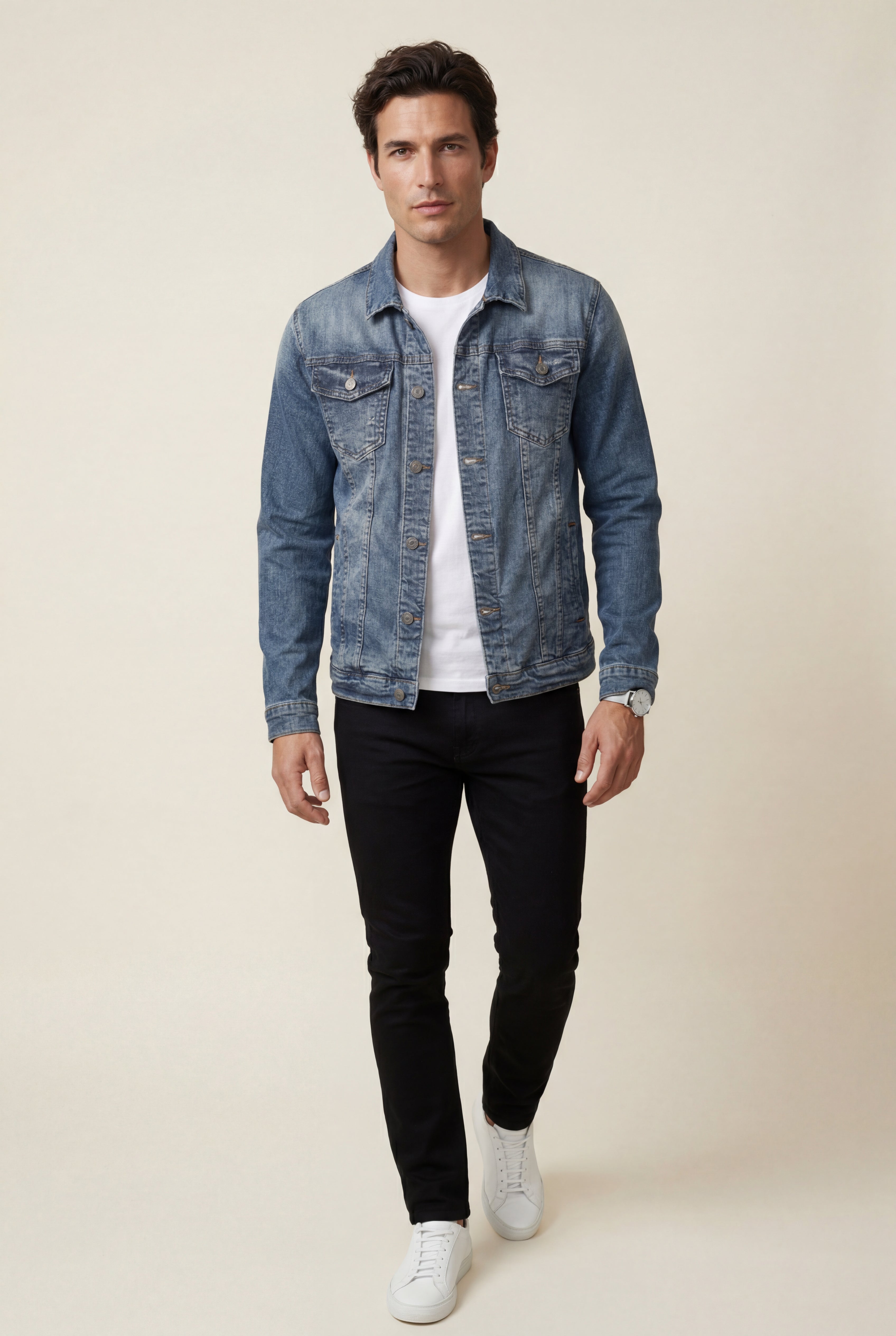 Liam | Medium Blue Classic Fit Trucker Jacket with Button Closure