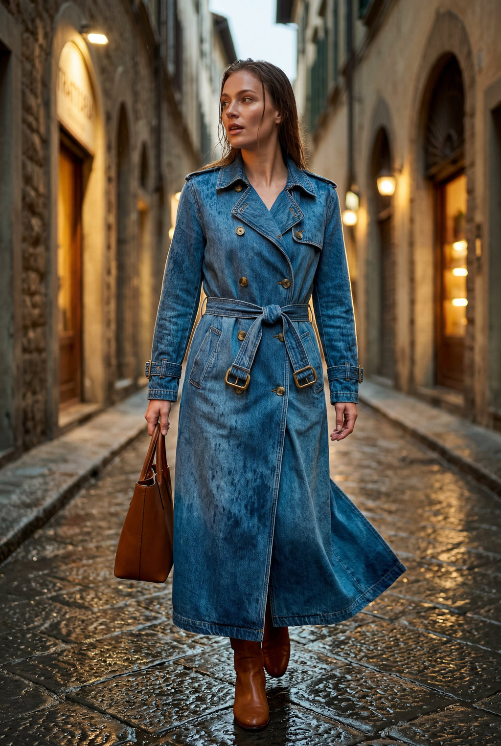 Women's Double-Breasted Belted Blue Trench Coat | Senna