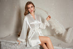 Women's Satin Look Kimono with Tie Belt and Feather Details | Veronique
