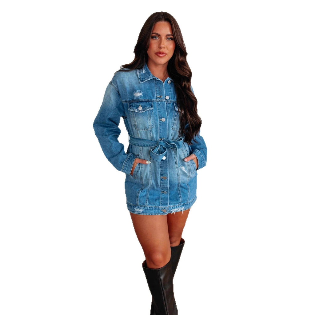 The Yasmina Elisa Casual Denim Belted Jacket Dress