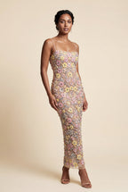 Alessia | Pastel Floral 3d Embroidered Fitted Maxi Dress For Women