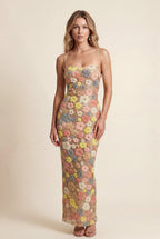 Alessia | Pastel Floral 3d Embroidered Fitted Maxi Dress For Women
