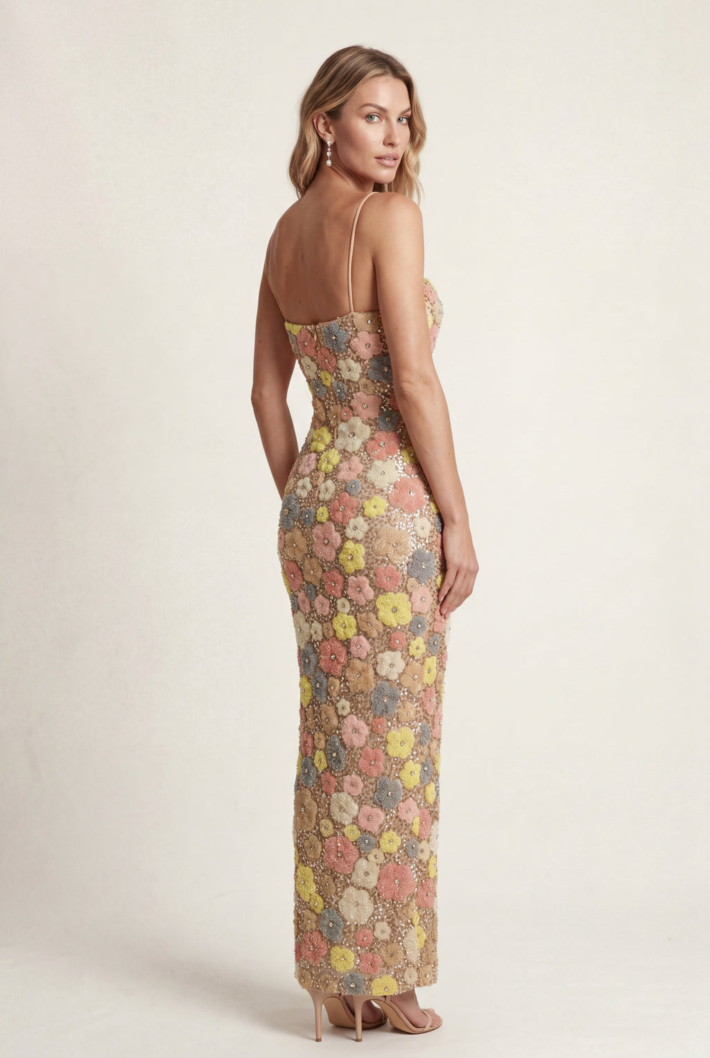 Alessia | Pastel Floral 3d Embroidered Fitted Maxi Dress For Women