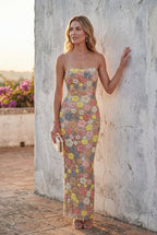 Alessia | Pastel Floral 3d Embroidered Fitted Maxi Dress For Women
