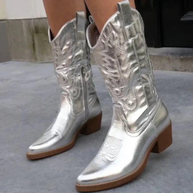 Amy | Metallic Western Embroidered Ankle Boots