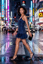 Alessia | Fringe Feather-trim Mini Cocktail Dress For Women