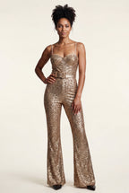 Lia | Gold Belted Flared Jumpsuit