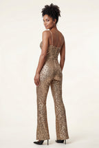 Lia | Gold Belted Flared Jumpsuit