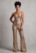 Lia | Gold Belted Flared Jumpsuit