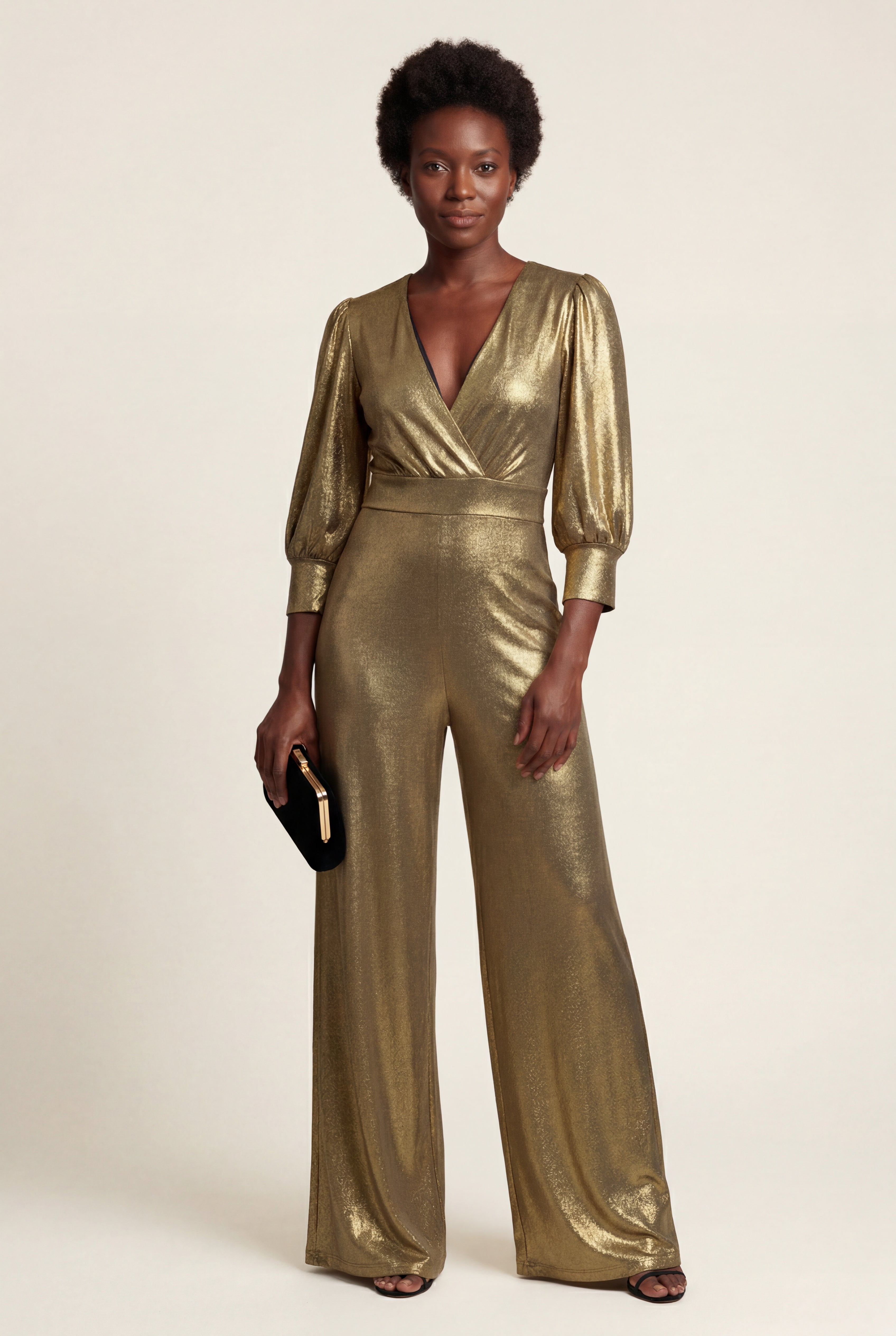 Lia | Metallic Wide Leg Wrap Jumpsuit with Three-quarter Sleeves