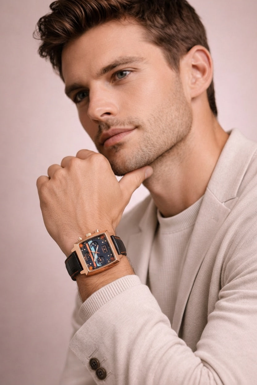 Liam | Square Dial Chronograph Watch with Racing Stripe Detail
