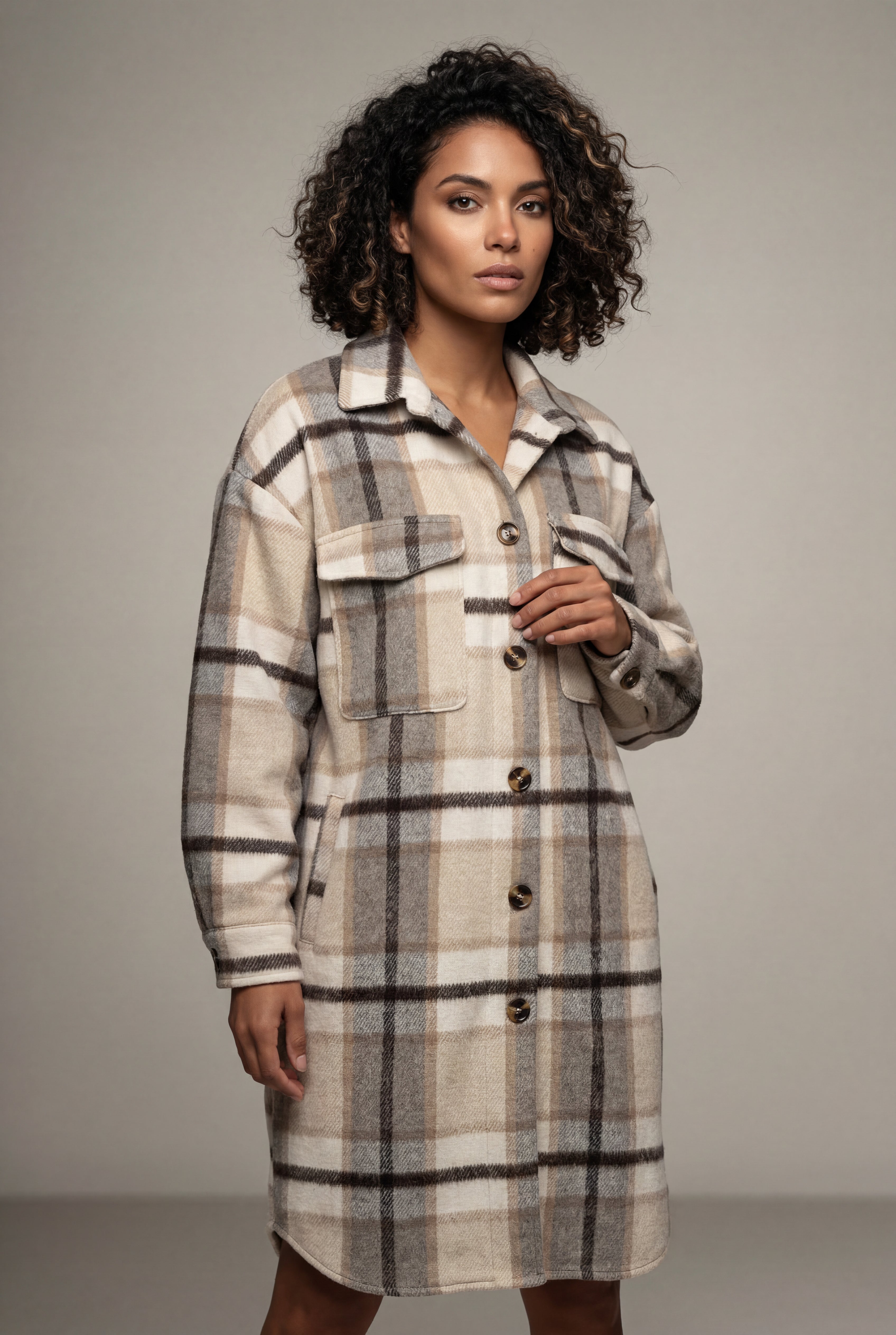 Checked Button-front Long Plaid Coat with Chest Pockets | Senna