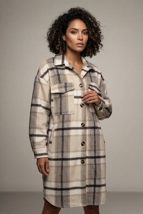 Checked Button-front Long Plaid Coat with Chest Pockets | Senna
