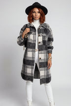 Checked Button-front Long Plaid Coat with Chest Pockets | Senna