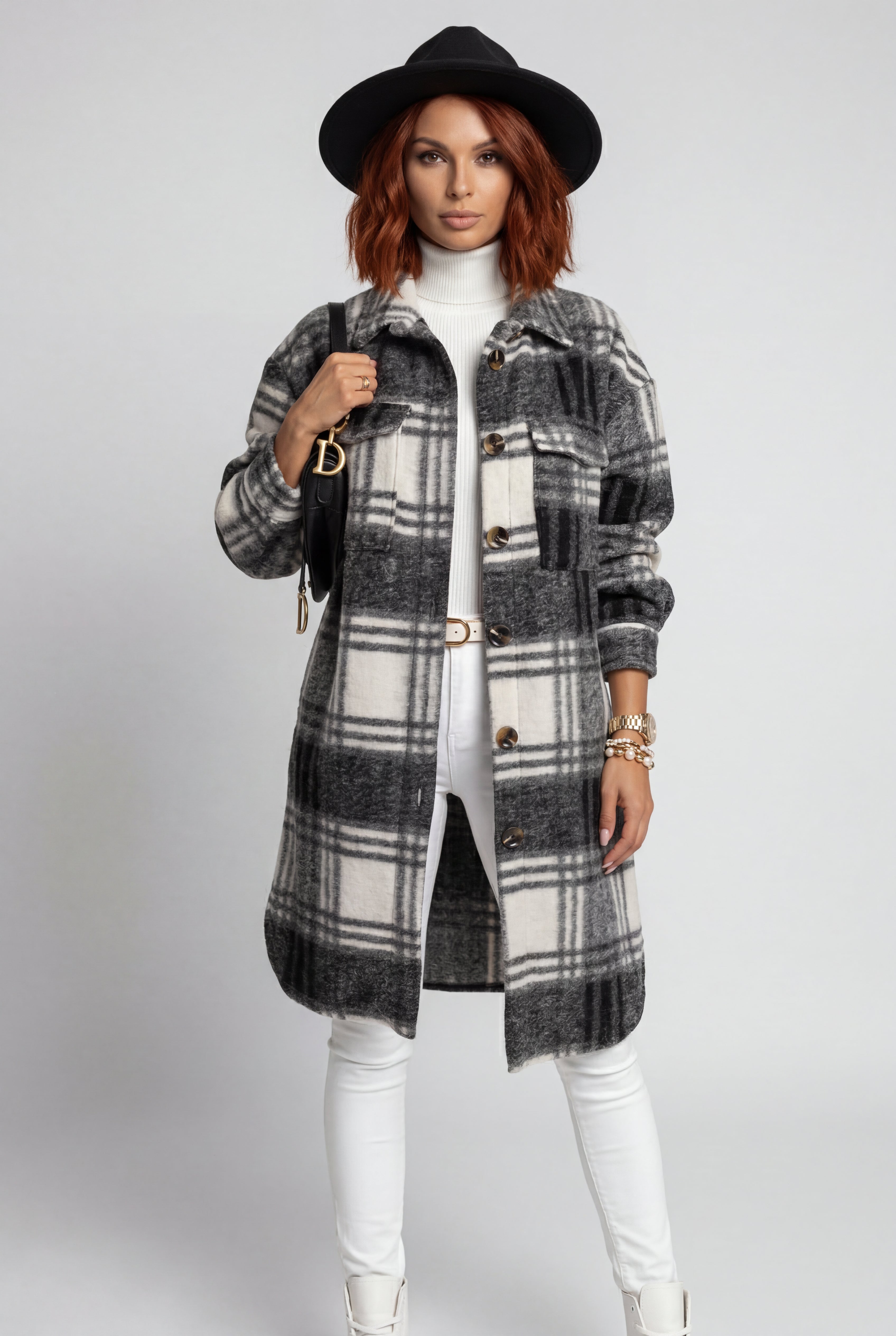 Checked Button-front Long Plaid Coat with Chest Pockets | Senna
