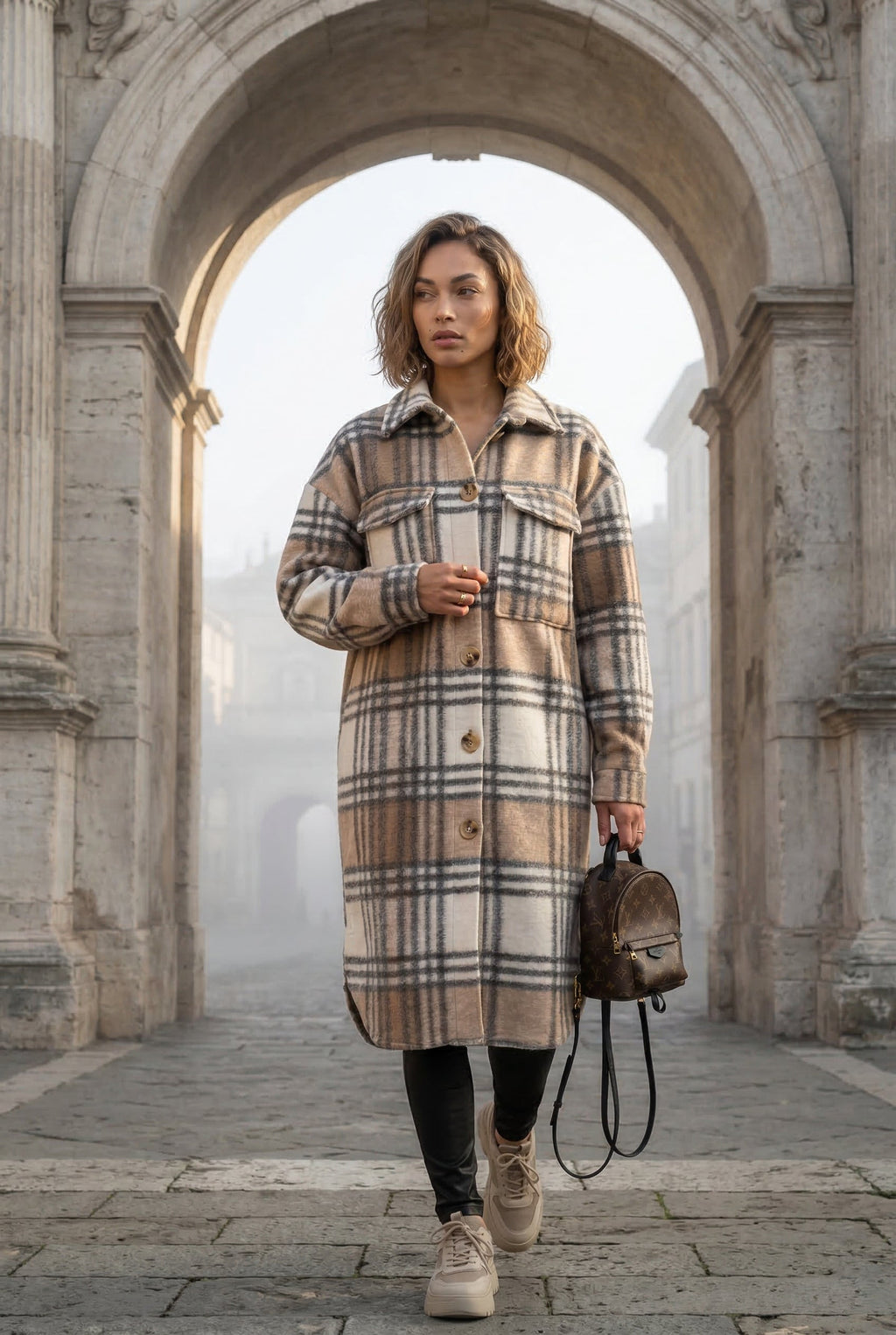 Checked Button-front Long Plaid Coat with Chest Pockets | Senna