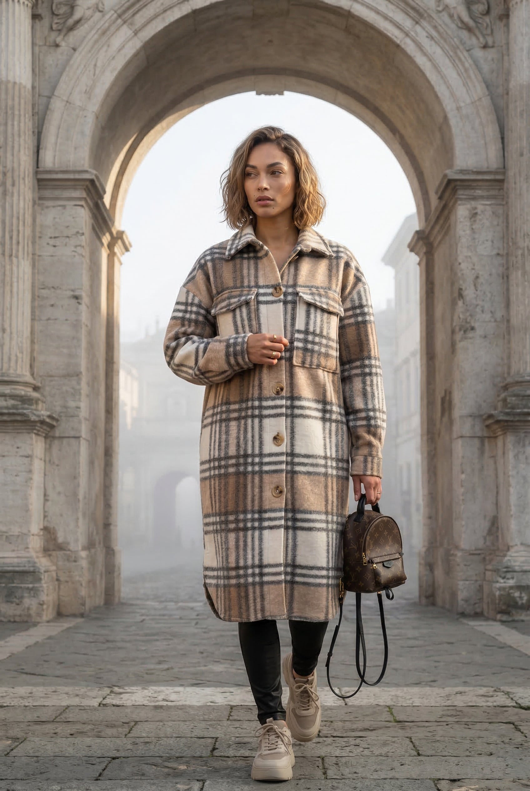 Checked Button-front Long Plaid Coat with Chest Pockets | Senna